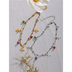 Colorful Natural Stone Bead6 Flower Chain Stainless Steel Beach Anklet for Women Exquisite Summer Jewelry Bijoux Femme