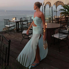 Chest Wrap Maxi Women's Dress White Backless Hip Package High Split Female Beach Dresses 2025 Summer Hollow Out Lady Robe