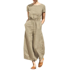 Women Jumpsuit Short Sleeves Solid Cotton Linen Summer Loose Wide Leg Lady Romper Clothes Dress-up Clothing Trousers Jumpsuit