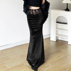 Goth Dark Elegant Mall Gothic Velvet Trumpet Skirts Partywear Lace Patchwork Long Skirt Ladies Evening Black Slim Cloth