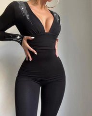 Jumpsuit Women Elegance 2025 Plain Glitter Cold Shoulder Long Sleeve Contrast Lace Corset Skinny Jumpsuit