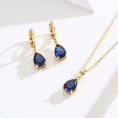 8Colors Cute Brass Yellow Gold Color Pear CZ Small Teardrop Charm Drop Earrings Pendant Necklace Jewelry Set For Women Girls 18"