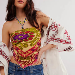 Gaono Bandana Tops for Women Boho Floral Strapless Tube Top Y2K Vintage Irregular Hem Smocked Backless Crop Top Beachwear