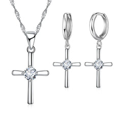 925 Sterling Silver Stamped Necklaces Earrings Cross Shape Classic Fashion Jewelry Set CZ Cubic Zirconia Party Unisex Wholesale