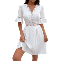 Women V Neck Flying sleeve Mini Dress Summer Hollow Embroidery Lace Patchwork Party Dress Casual Loose Beach A-Line Dress