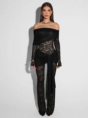 Mozision Lace See Through Long Sleeve Jumpsuit Women Fashion Lace Off-shoulder Bodycon High Waist Jumpsuits