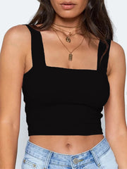 Square Neck Sleeveless Summer Crop Top White Women Black Casual Basic T Shirt Off Shoulder Cami Backless Tank Top