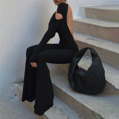 Solid Black Backless Bodycon Wide Leg Jumpsuit Women Autumn Casual Slim Long Sleeve O-Neck Playsuit Lady Streetwear