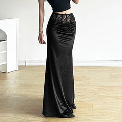 Goth Dark Elegant Mall Gothic Velvet Trumpet Skirts Partywear Lace Patchwork Long Skirt Ladies Evening Black Slim Cloth