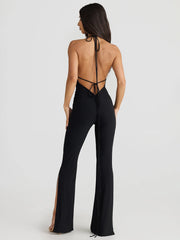 Dulzura Backless Playsuits Sleeveless Halter Lace Up Irregular Split Long Pants Jumpsuit Lady Party Club Drop Shipping Y2K