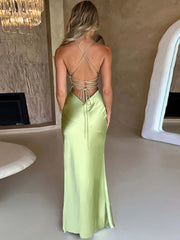 Articat Strapless Satin Maxi Dress Women Open Back High Slit Slim Dress