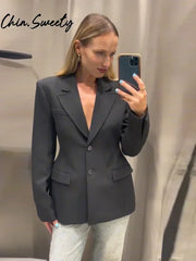 Casual Solid Women Blazer Urban Lapel Long Sleeve Button Pocket Female Streetwear 2025 Spring Autumn Elegant Lady Outwear