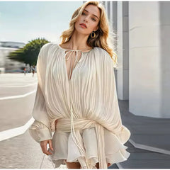 Elegant Pleated Short Dress Women Loose Lace Up Long Lantern Sleeve V Neck Dresses Female 2025 Spring Hollow Out Beach Robe Lady