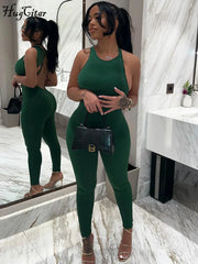 Hugcitar Solid O Neck Sleeveless Backless Slips Belt Skinny Jumpsuit 2024 Spring New Romper Streetwear Work Out Overalls