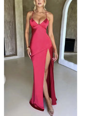 Articat Strapless Satin Maxi Dress Women Open Back High Slit Slim Dress