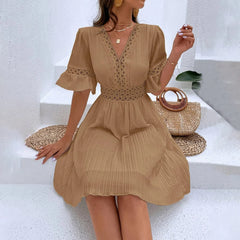 Women V Neck Flying sleeve Mini Dress Summer Hollow Embroidery Lace Patchwork Party Dress Casual Loose Beach A-Line Dress