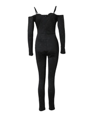 Jumpsuit Women Elegance 2025 Plain Glitter Cold Shoulder Long Sleeve Contrast Lace Corset Skinny Jumpsuit