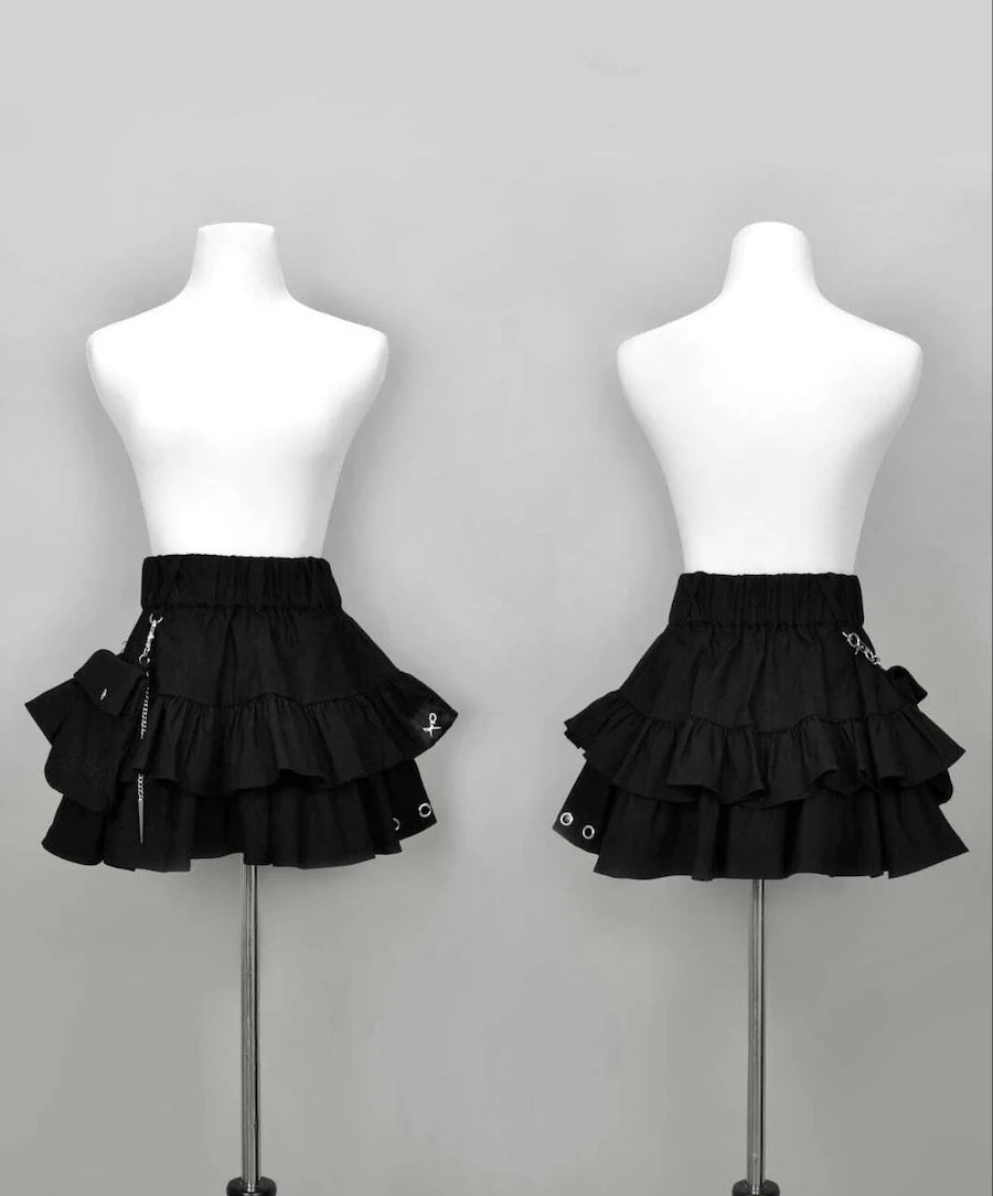 Spring and Autumn Harajuku Japanese College Punk High Waist Skirt for Women Chain Decorative Ruffled Casual Ladies Mini Skirt