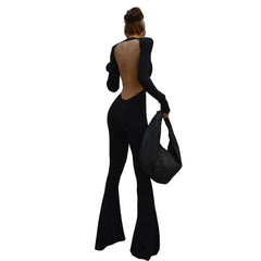 Solid Black Backless Bodycon Wide Leg Jumpsuit Women Autumn Casual Slim Long Sleeve O-Neck Playsuit Lady Streetwear