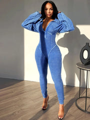 Autumn Cotton Ribbed Jumpsuit - Women's V-Neck Long Sleeve Skinny Romper