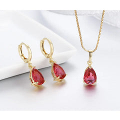 8Colors Cute Brass Yellow Gold Color Pear CZ Small Teardrop Charm Drop Earrings Pendant Necklace Jewelry Set For Women Girls 18"