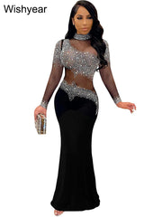 Wishyear Women Evening Party Dress Rhinestone Mesh Long Sleeve Mermaid Elegant Lady Birthday Robe Female Luxury Apricot Vestidos