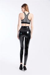 Shiny Push Up Leggings Black Summer PU Leather Pants Women High Waist Elastic Trousers Stretch Ankle-Length