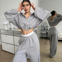 Women's Casual Solid Color Long Sleeve Zipper Sweatshirt Sweatpants Two-piece Set