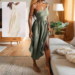 Summer V-neck Suspender Split Dress Fashion Backless High Waist Long Dress For Women Clothing