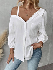 Fall Solid Color White Casual Blouse Spring And Summer Street Style Casual Asymmetrical Shoulder Shirt