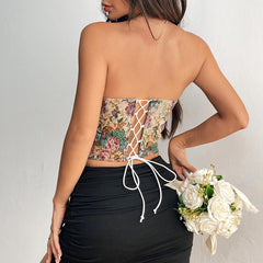 Floral Print Tube Vest Top With Back-tied Design INS Fashion Crop Corset Tank For Women Clothing