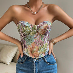 Floral Print Tube Vest Top With Back-tied Design INS Fashion Crop Corset Tank For Women Clothing