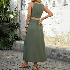 Summer Round-neck Sleeveless Split Dress With Button Design Fashion Solid Beach Long Dresses For Women Clothing